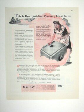 Vintage 1944 Mallory Precision Switches Print Ad Post War Housewife WWII